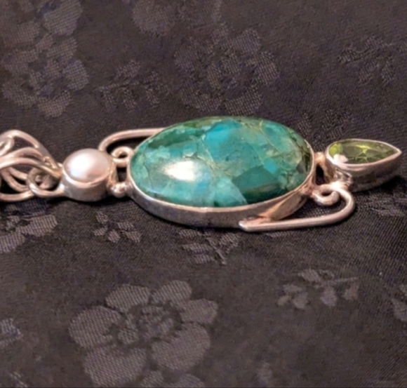 Artisan Handmade Solid Sterling Silver Pearl Genuine Chrysocolla Peridot Pendant - Picture 4 of 11